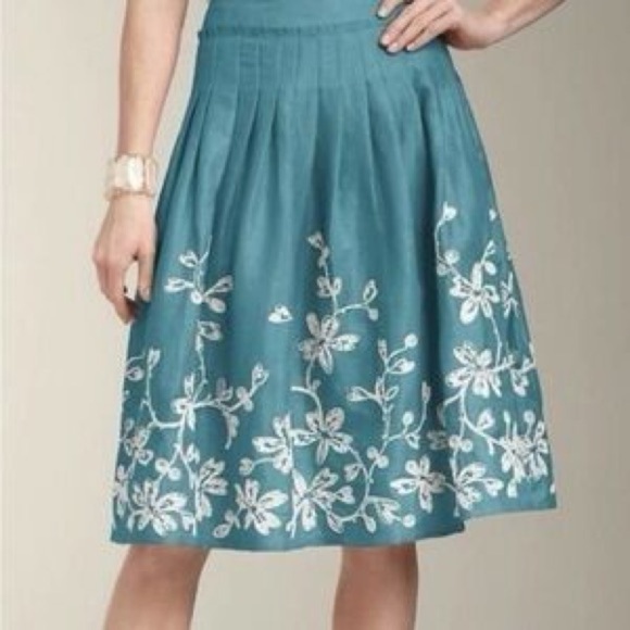 Talbots Floral Embroidered Pleated Skirt 100% Linen Teal Lined Cottagecore Sz 14 - Picture 1 of 13